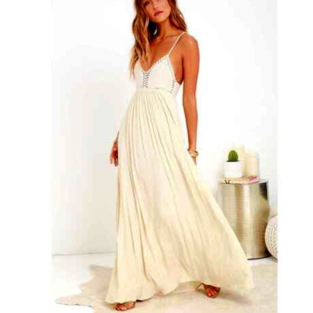 Lulus Hippie Hippie Chic Crochet Lace Cream Boho Maxi Dress